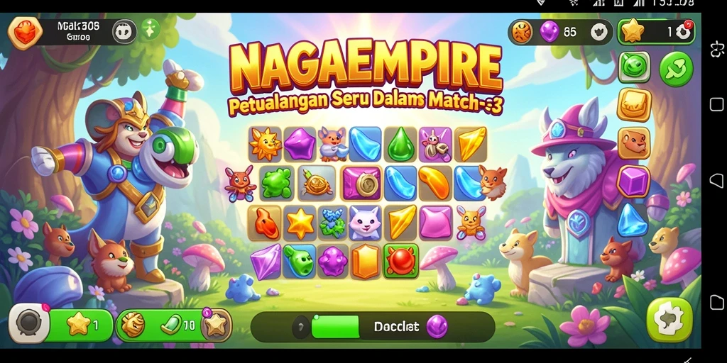 Screenshot gameplay NAGAEMPIRE yang menampilkan aksi Match-3 yang seru.