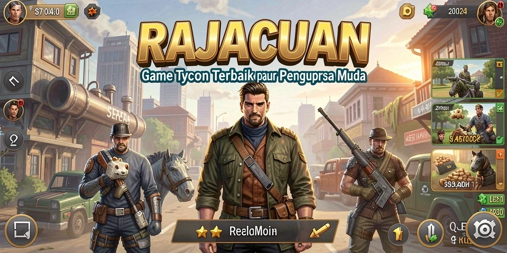 Screenshot gameplay RAJACUAN menampilkan suasana bisnis yang dinamis.