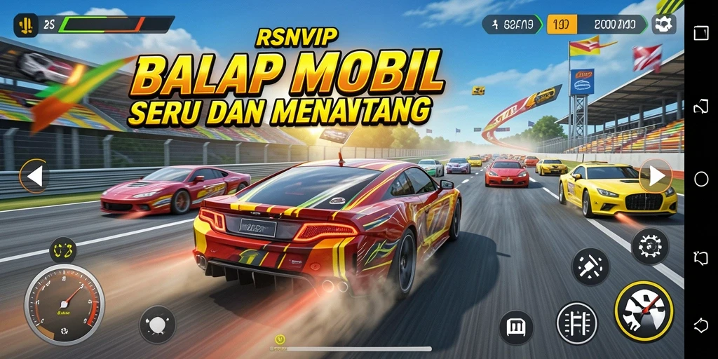 Tampilan gameplay RSNVIP dengan mobil balap yang beraksi di lintasan.